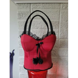 Red Bustier Corset Zip Closure Handbag Purse Novelty Gift Tissue Holder Pompoms